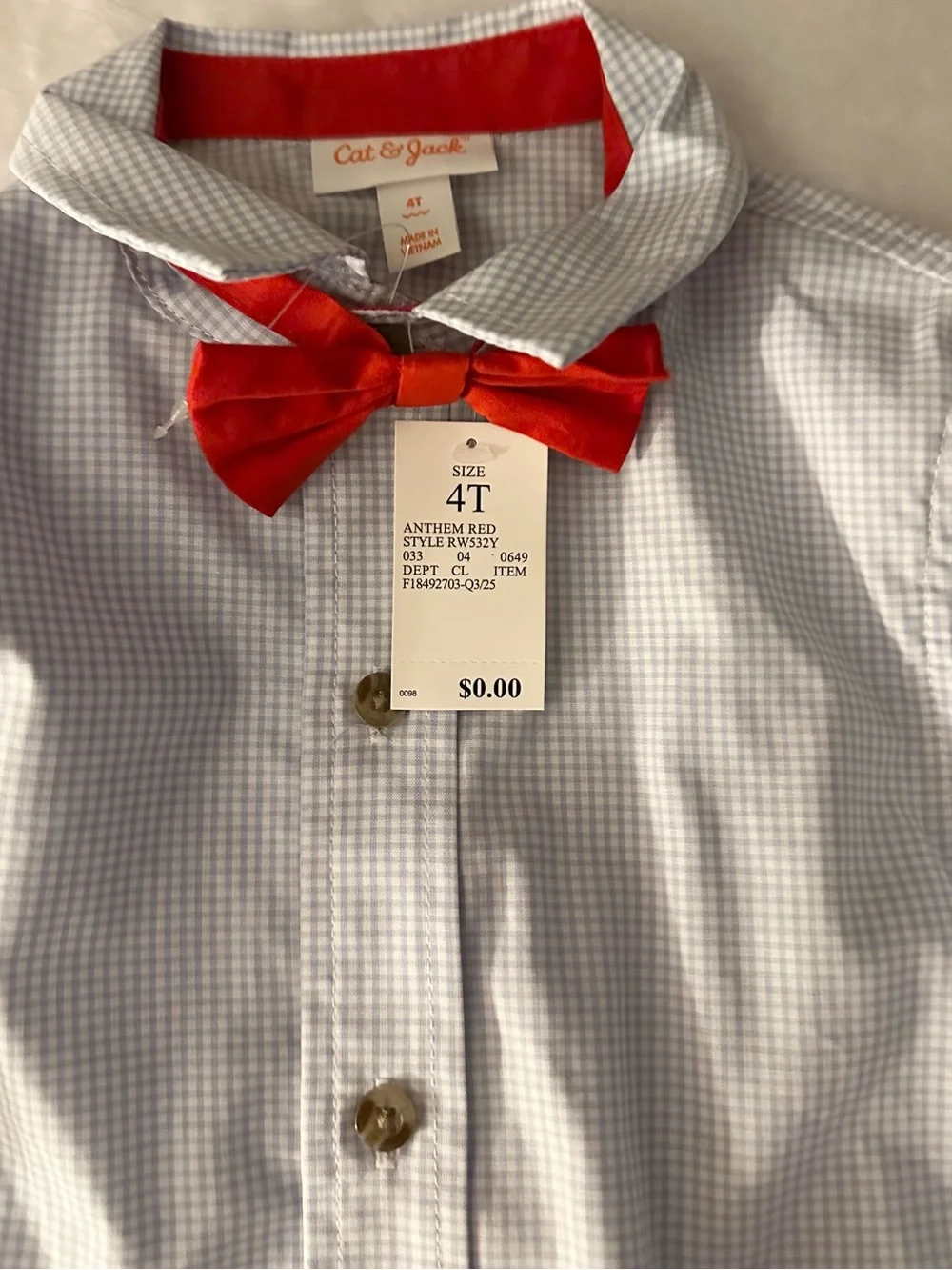 Cat & Jack Light Blue Button-Up Shirt with Light Wash Jeans and Red Suspenders